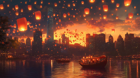 The Festival of Lights, with a sky full of lanterns creating a magical scene, and the city skyline with tall, illuminated buildings providing a stunning backdrop.の素材