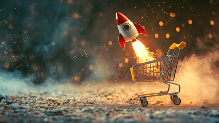 A dynamic image of a shopping cart with a rocket launching from it, symbolizing fast delivery and quick shipping services from online market stores, set against a backdropの素材