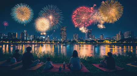 The Omagari National Fireworks Competition, people sitting on picnic mats by the riverbank, gazing at the night sky illuminated by colorful fireworks.の素材