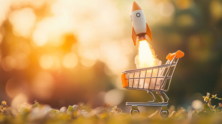 A creative image of a shopping cart with a rocket launch, symbolizing rapid delivery and efficient service from online stores, with a minimalist background perfect for copy space.の素材