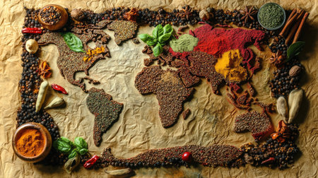 A creative representation of the world map using a variety of spices, with rich colors and textures that signify the global spice trade and cultural cuisine.の素材