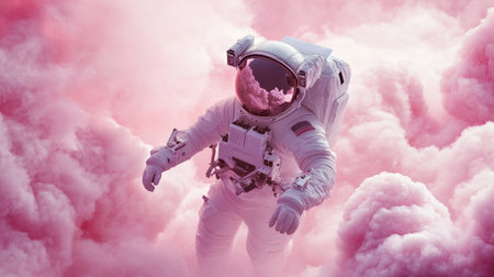 A surreal scene of an astronaut floating among billowing pink clouds, capturing the mystery and wonder of space exploration in a dreamlike atmosphere.の素材