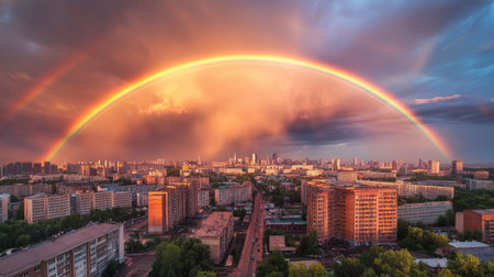 A vibrant rainbow arcs over the urban landscape of Novosibirsk, Russia, with buildings set against a moody sky, highlighting the natural beauty in a cityscape.の素材