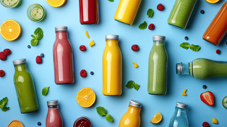 A collection of colorful smoothie and juice bottles on a blue background, shot from above, emphasizing superfoods, healthy drinks, and detox diets.の素材