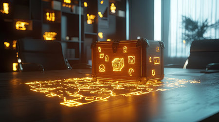 A surreal treasure map spreads across a modern boardroom table, with glowing icons marking the way to a gold-filled chest, blending the old and the new.の素材