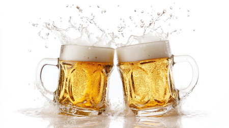 Two frothy beer mugs meet in a cheers, sending beer splashing out, isolated on a white background, perfect for conveying festive moments or social gatherings.の素材
