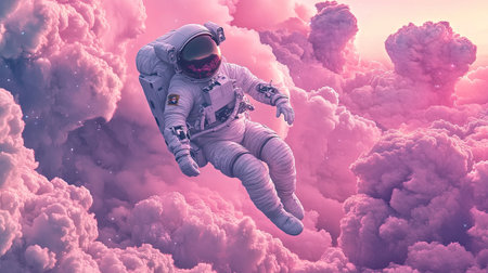 A vibrant depiction of an astronaut suspended in surreal pink clouds, creating a mesmerizing contrast between the starkness of space and the softness of the clouds.の素材