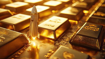 Gold bars with a miniature rocket model ascending beside them, symbolizing the launch of financial prosperity and market surges.の素材