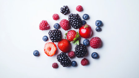 Abstract composition of assorted berry fruits, clustered on a white background, emphasizing their colorful and nutritious appeal.の素材