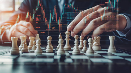 Hands of people playing chess on a table, representing the strategic nature of business and investment decisions, with a stock market background overlay.の素材