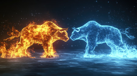 Dynamic abstract bull and bear figures, one engulfed in flames, the other in ice, illustrating the heated and cold market trends in financial investments.の素材