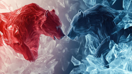 Bull and bear abstract forms in a dual hot and ice design, representing the opposing forces in the stock market and the constant struggle between upward and downward trendsの素材