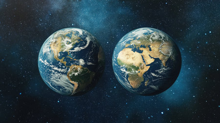 Artistic representation of two Earths, showing the concept of doubling the world's size, with detailed continents and oceans.の素材