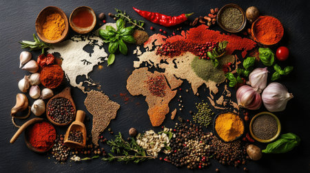 Various spices arranged in the shape of a world map, showcasing the diversity of global cuisine, with vibrant colors and textures.の素材