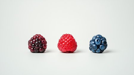 Grouped berry fruits, presented in an abstract style on a clean white background, highlighting their natural beauty and variety.の素材