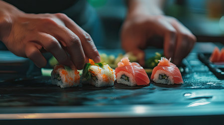 A pair of skilled hands in action, making sushi rolls with fresh, colorful ingredients, highlighting the meticulous process of creating this Japanese delicacy.の素材