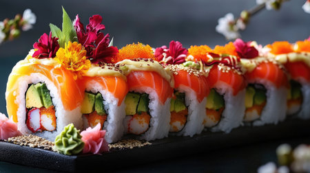 A massive sushi roll, expertly crafted and presented, highlighting the intricacy and deliciousness of Japanese culinary traditions.の素材