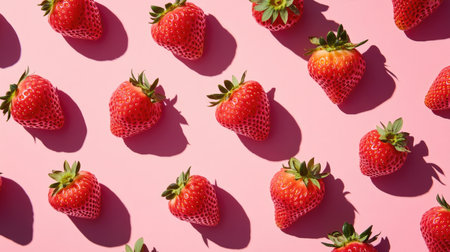 A stylish strawberry pattern with pronounced shadows on a pink backdrop, merging simplicity with visual impact for a fresh and modern look.の素材