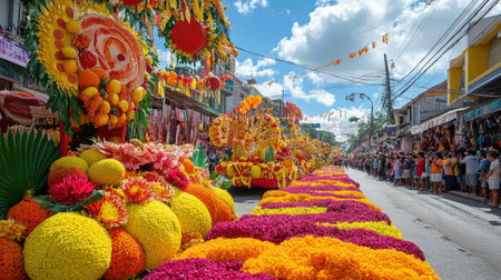 A lively scene from the Kadayawan Festival, with colorful floats adorned with flowers and fruits, parading through the streets of Davao city, with buildings in the background.の素材
