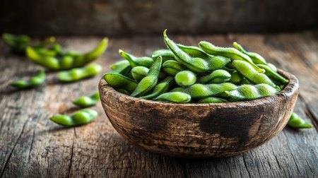 A rustic bowl brimming with vibrant green edamame soybeans, set on a weathered wooden surface, perfect for showcasing healthy eating. There is advertising space.の素材