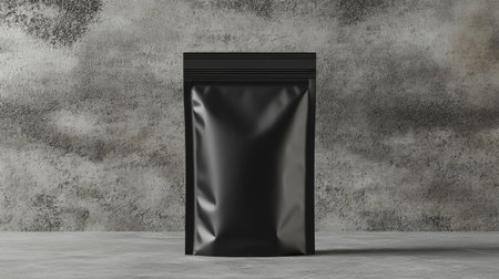 A stylish black standing pouch mockup with a cement wall background, showcasing a minimalistic design that highlights the elegance of the packaging.の素材