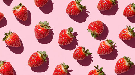 Repeating pattern of strawberries with hard shadows on a soft pink background, creating a playful and eye-catching design, perfect for fruit lovers.の素材