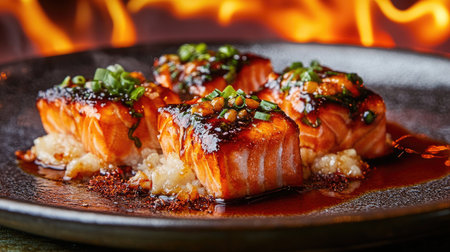 A plate of spicy salmon in rich unagi sauce, captured with a fiery background, showcasing the dish heat and mouthwatering appeal.の素材