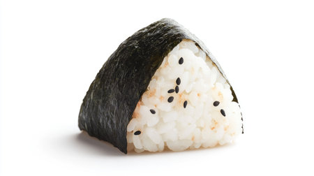 A simple and elegant onigiri, isolated on a clean white background, highlighting the traditional Japanese rice ball in its purest form.の素材