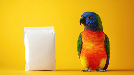 A colorful bird sits beside a white pet food package, with a bright yellow background that highlights the package's simplicity and the bird's vibrant feathers.の素材