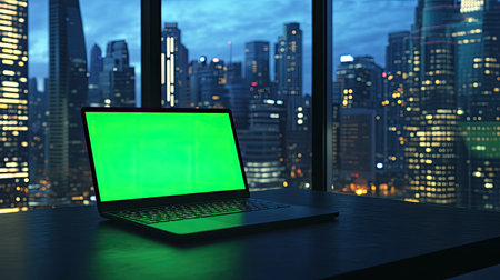 A green screen laptop mockup on a stylish table, the city skyline with skyscrapers visible through the windows in the background, providing a futuristic setting.の素材