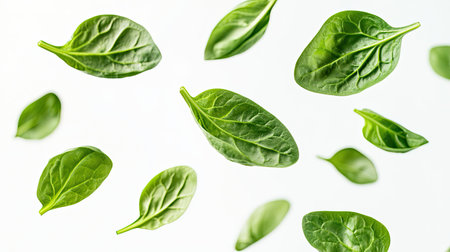 Fresh spinach leaves gracefully floating in the air, isolated on a white background, creating a dynamic, healthy look with overlapping leaves for added depth.の素材