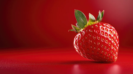 A single ripe strawberry with seeds glistening, placed on a red background, blending the fruit vibrant hues with the backdrop for a visually stunning effect.の素材