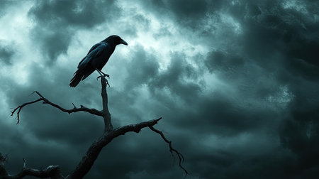 A lone crow perched on the tip of a barren branch under a dark, stormy sky, symbolizing death and the ominous presence of the angel of death.の素材