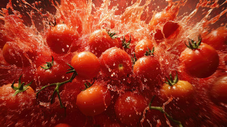 An energetic La Tomatina banner, packed with ripe red tomatoes, splashing and flying across the scene, creating a dynamic and exciting visual for the event.の素材