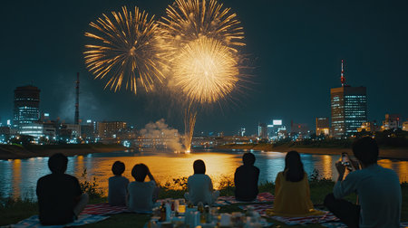 Omagari National Fireworks Competition, with the night sky ablaze in vibrant fireworks, people sitting on picnic mats by the river, enjoying the breathtaking display.の素材