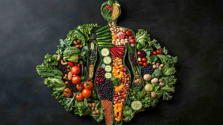 A vibrant human body outline crafted from cucumber, lettuce, tomato, and various fruits and nuts, representing a balanced diet and the connection between healthyの素材