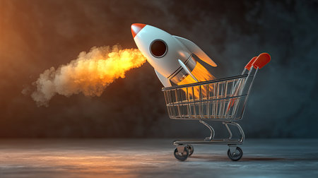 A shopping cart with a rocket taking off, representing the speed and efficiency of e-commerce delivery services, with space for text or promotions, capturing the essenceの素材