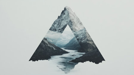 The letter "A" appears as a mountain with a flowing river cutting through its center, creating an illusion of a natural landscape, all set against a clean white backgroundの素材