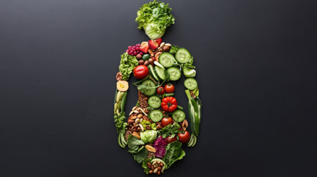 A vibrant human body outline crafted from cucumber, lettuce, tomato, and various fruits and nuts, representing a balanced diet and the connection between healthyの素材