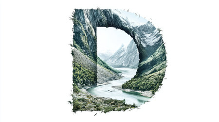 The letter "D" appears as a mountain with a flowing river cutting through its center, creating an illusion of a natural landscape, all set against a clean white background.の素材