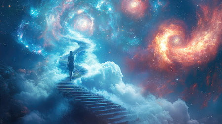 A woman walks a staircase that spirals into the heavens, with galaxies and starry skies above, symbolizing a cosmic journey and the path to the divine.の素材