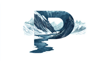 A stylized letter "P" resembling a majestic mountain, with a serene river winding through its middle, forming an abstract landscape against a white background.の素材