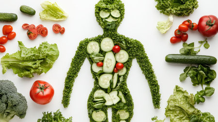 A visually appealing human body shape created using cucumber, lettuce, tomato, and other fresh produce, highlighting the concept of a healthy lifestyle, vegan diet, and the celebrationの素材