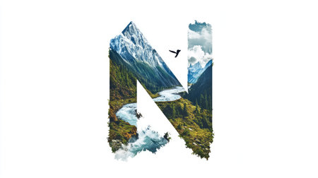 The letter "N" appears as a mountain with a flowing river cutting through its center, creating an illusion of a natural landscape, all set against a clean white background.の素材