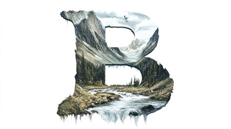 The letter "B" appears as a mountain with a flowing river cutting through its center, creating an illusion of a natural landscape, all set against a clean white background.の素材