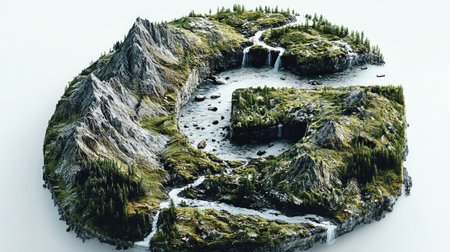 The letter "G" appears as a mountain with a flowing river cutting through its center, creating an illusion of a natural landscape, all set against a clean white background.の素材