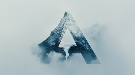 The letter "A" appears as a sharp mountain peak with a river flowing down its center, creating a natural illusion against a pristine white background.の素材