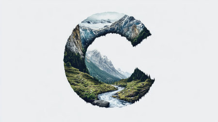 The letter "C" appears as a mountain with a flowing river cutting through its center, creating an illusion of a natural landscape, all set against a clean white background.の素材
