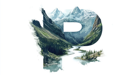A stylized letter "P" resembling a majestic mountain, with a serene river winding through its middle, forming an abstract landscape against a white background.の素材