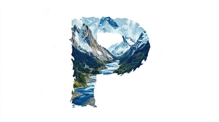 A stylized letter "P" resembling a majestic mountain, with a serene river winding through its middle, forming an abstract landscape against a white background.の素材